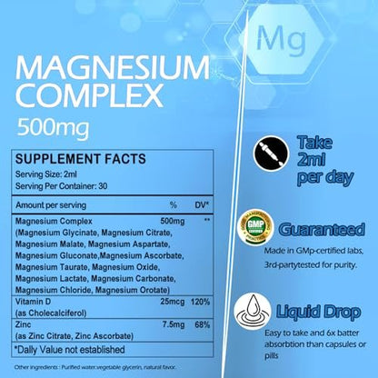 Magnesium 12-in-1 Komplex flüssige Tropfen – Magnesiumpräparat mit Glycinat, Citrat, Malat, Taurat, Oxid, Aspartat, Orotat – Beruhigendes Magnesium für Schlaf, Muskeln, Herz – Maximale Absorption flüssige Formel