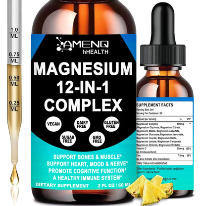Magnesium 12-in-1 Komplex flüssige Tropfen – Magnesiumpräparat mit Glycinat, Citrat, Malat, Taurat, Oxid, Aspartat, Orotat – Beruhigendes Magnesium für Schlaf, Muskeln, Herz – Maximale Absorption flüssige Formel