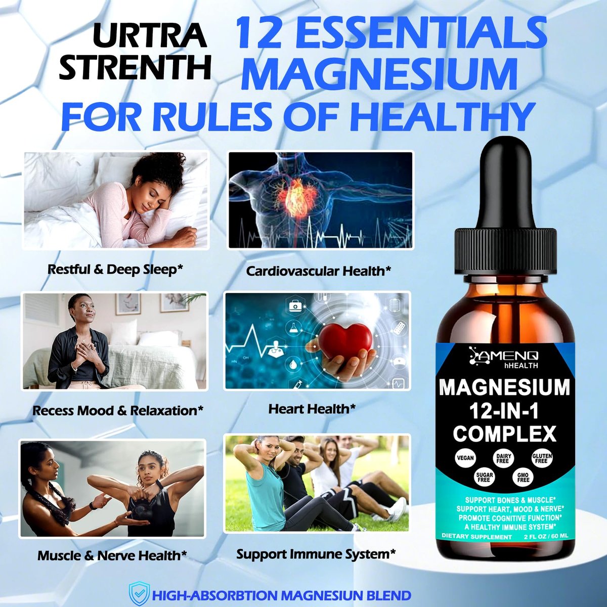 Magnesium 12-in-1 Komplex flüssige Tropfen – Magnesiumpräparat mit Glycinat, Citrat, Malat, Taurat, Oxid, Aspartat, Orotat – Beruhigendes Magnesium für Schlaf, Muskeln, Herz – Maximale Absorption flüssige Formel