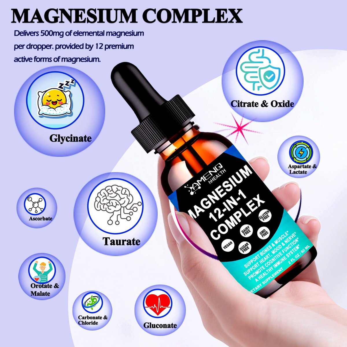 Magnesium 12-in-1 Komplex flüssige Tropfen – Magnesiumpräparat mit Glycinat, Citrat, Malat, Taurat, Oxid, Aspartat, Orotat – Beruhigendes Magnesium für Schlaf, Muskeln, Herz – Maximale Absorption flüssige Formel