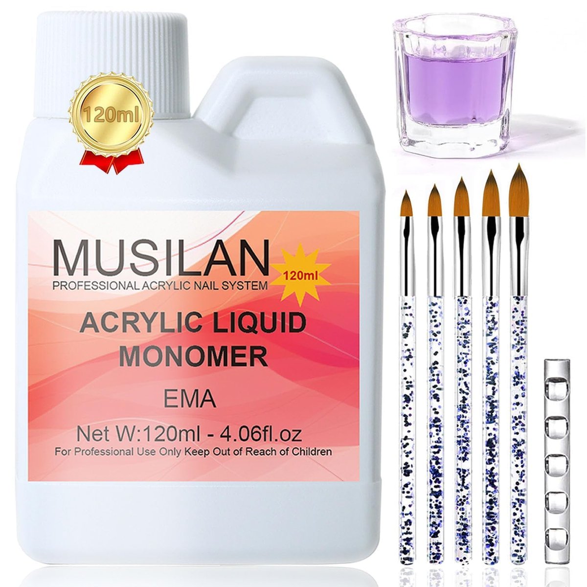 MUSILAN Monomer Acrylflüssigkeit 120ml für Acrylpulver – Professionelle Acrylflüssigkeit für Nagelverlängerungen, inklusive 5 Pinsel und Dappen-Schälchen, nicht vergilbend, für Anfänger und DIY zu Hause
