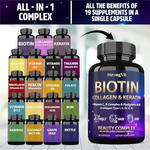 StrongVit Biotin 10000mcg mit Hyaluronsäure, Keratin & Kollagen – Haarwachstum für Frauen & Männer – 60 Kapseln