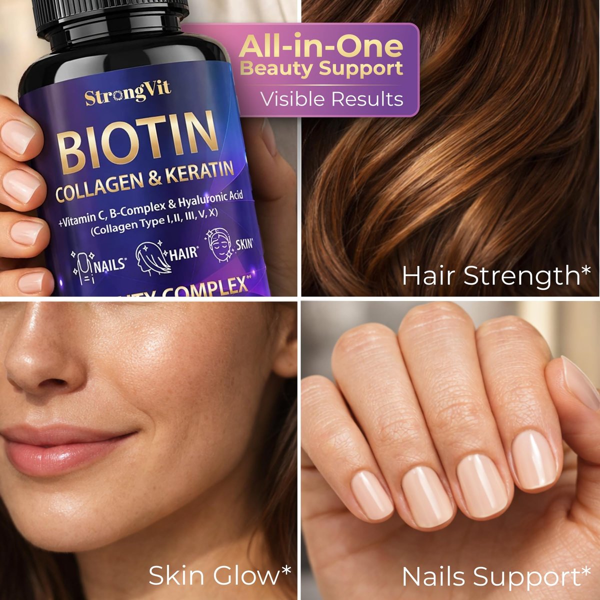 StrongVit Biotin 10000mcg mit Hyaluronsäure, Keratin & Kollagen – Haarwachstum für Frauen & Männer – 60 Kapseln