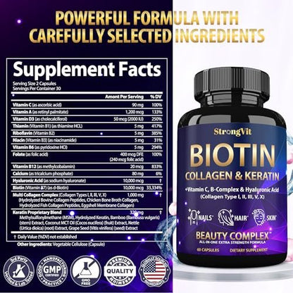 StrongVit Biotin 10000mcg mit Hyaluronsäure, Keratin & Kollagen – Haarwachstum für Frauen & Männer – 60 Kapseln