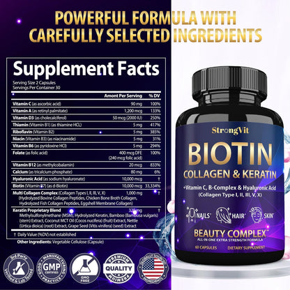 StrongVit Biotin 10000mcg mit Hyaluronsäure, Keratin & Kollagen – Haarwachstum für Frauen & Männer – 60 Kapseln
