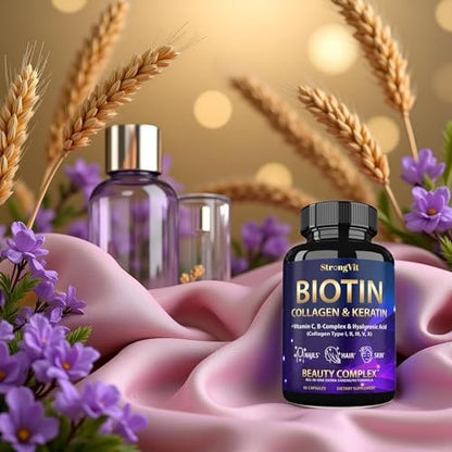 StrongVit Biotin mit Hyaluronsäure, Keratin und Kollagen - 10000mcg für Haarwachstum bei Frauen und Männern - Haar-, Haut- und Nagel-Vitamine - 120 Kapseln