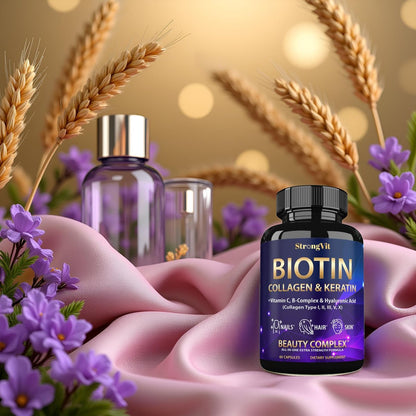StrongVit Biotin 10000mcg mit Hyaluronsäure, Keratin & Kollagen – Haarwachstum für Frauen & Männer – 60 Kapseln