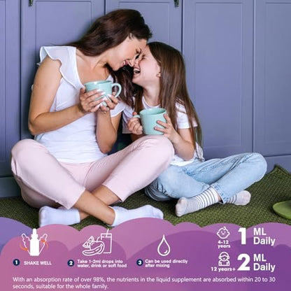 Flüssiges Magnesium Komplex für Kinder – Magnesiumglycinat, Malat, Taurat, Citrat mit L-Theanin, Vitamin B6, B12, D3 – Erdbeergeschmack, 60 ml