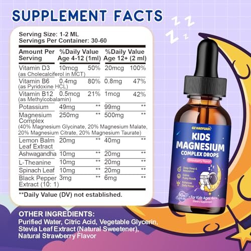 Flüssiges Magnesium Komplex für Kinder – Magnesiumglycinat, Malat, Taurat, Citrat mit L-Theanin, Vitamin B6, B12, D3 – Erdbeergeschmack, 60 ml