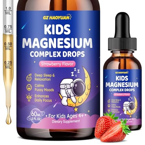 Flüssiges Magnesium Komplex für Kinder – Magnesiumglycinat, Malat, Taurat, Citrat mit L-Theanin, Vitamin B6, B12, D3 – Erdbeergeschmack, 60 ml