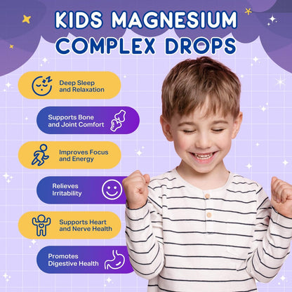 Flüssiges Magnesium Komplex für Kinder – Magnesiumglycinat, Malat, Taurat, Citrat mit L-Theanin, Vitamin B6, B12, D3 – Erdbeergeschmack, 60 ml