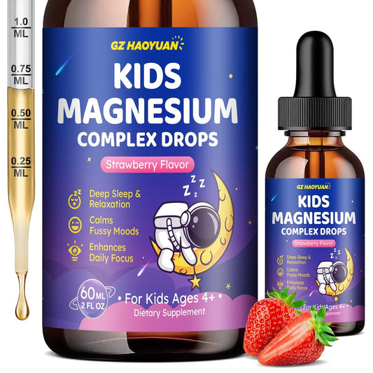 Flüssiges Magnesium Komplex für Kinder – Magnesiumglycinat, Malat, Taurat, Citrat mit L-Theanin, Vitamin B6, B12, D3 – Erdbeergeschmack, 60 ml