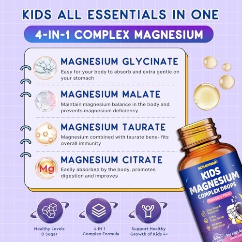 Flüssiges Magnesium Komplex für Kinder – Magnesiumglycinat, Malat, Taurat, Citrat mit L-Theanin, Vitamin B6, B12, D3 – Erdbeergeschmack, 60 ml