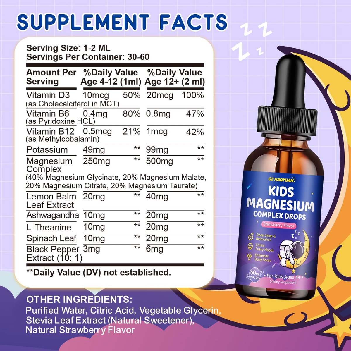 Flüssiges Magnesium Komplex für Kinder – Magnesiumglycinat, Malat, Taurat, Citrat mit L-Theanin, Vitamin B6, B12, D3 – Erdbeergeschmack, 60 ml