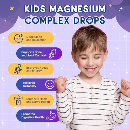 Flüssiges Magnesium Komplex für Kinder – Magnesiumglycinat, Malat, Taurat, Citrat mit L-Theanin, Vitamin B6, B12, D3 – Erdbeergeschmack, 60 ml