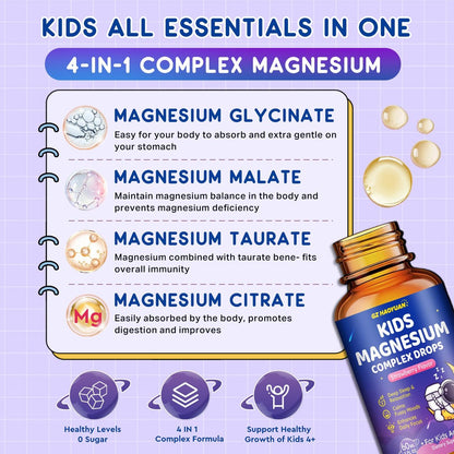 Flüssiges Magnesium Komplex für Kinder – Magnesiumglycinat, Malat, Taurat, Citrat mit L-Theanin, Vitamin B6, B12, D3 – Erdbeergeschmack, 60 ml