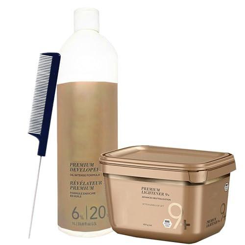Blonde Me Lightener 9+ Aufheller 450g mit Blonde Me 6% / 20 Vol Entwickler 1L und Pin Tail Kamm – Professionelles Haarbleich-Set für hohen Lift und präzise Anwendung