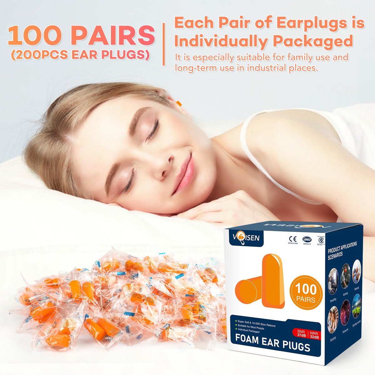 VOISEN Schaumstoff-Ohrstöpsel, 200 Paar Ohrstöpsel zum Schlafen, 32 dB NRR / 37 dB SNR Geräuschdämmung für Schnarchen, Lernen, Reisen und Konzerte, einzeln verpackt