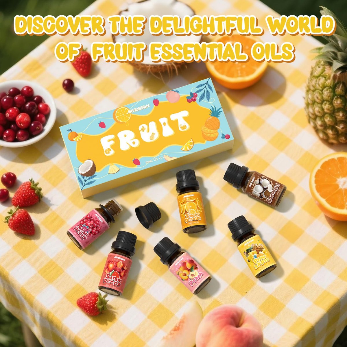 ARVIDSSON Fruits Essential Oil Set – Natürliche Fruchtduftöle für Kerzen- und Seifenherstellung, Aromatherapie-Diffuser – süße Orange, Ananas, Kokosnuss, Cranberry, Pfirsich, Erdbeere – 6 x 30 ml
