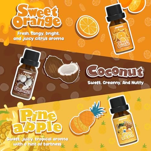 ARVIDSSON Fruits Essential Oil Set – Natürliche Fruchtduftöle für Kerzen- und Seifenherstellung, Aromatherapie-Diffuser – süße Orange, Ananas, Kokosnuss, Cranberry, Pfirsich, Erdbeere – 6 x 30 ml