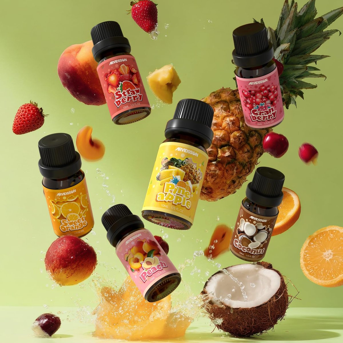 ARVIDSSON Fruits Essential Oil Set – Natürliche Fruchtduftöle für Kerzen- und Seifenherstellung, Aromatherapie-Diffuser – süße Orange, Ananas, Kokosnuss, Cranberry, Pfirsich, Erdbeere – 6 x 30 ml