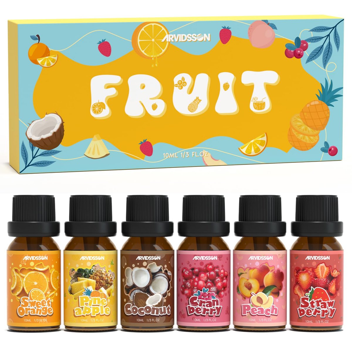 ARVIDSSON Fruits Essential Oil Set – Natürliche Fruchtduftöle für Kerzen- und Seifenherstellung, Aromatherapie-Diffuser – süße Orange, Ananas, Kokosnuss, Cranberry, Pfirsich, Erdbeere – 6 x 30 ml