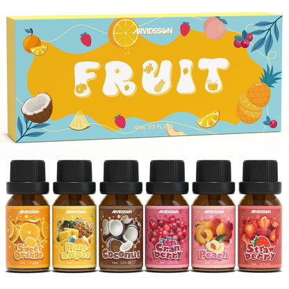 ARVIDSSON Fruits Essential Oil Set – Natürliche Fruchtduftöle für Kerzen- und Seifenherstellung, Aromatherapie-Diffuser – süße Orange, Ananas, Kokosnuss, Cranberry, Pfirsich, Erdbeere – 6 x 30 ml