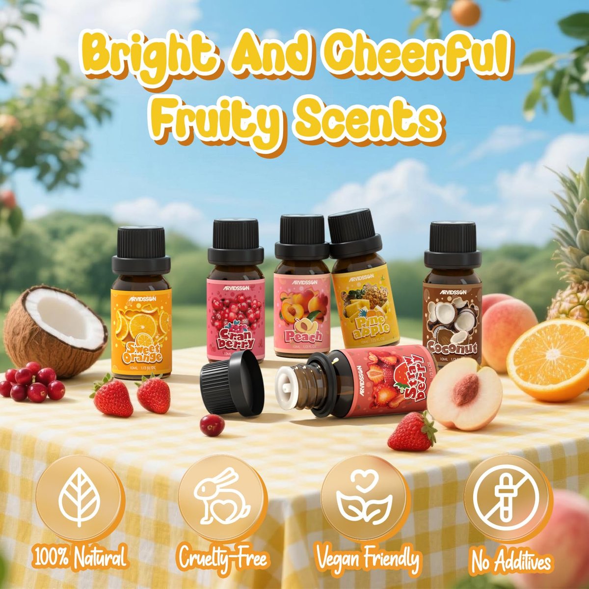 ARVIDSSON Fruits Essential Oil Set – Natürliche Fruchtduftöle für Kerzen- und Seifenherstellung, Aromatherapie-Diffuser – süße Orange, Ananas, Kokosnuss, Cranberry, Pfirsich, Erdbeere – 6 x 30 ml