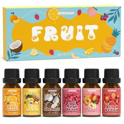 ARVIDSSON Fruits Essential Oil Set – Natürliche Fruchtduftöle für Kerzen- und Seifenherstellung, Aromatherapie-Diffuser – süße Orange, Ananas, Kokosnuss, Cranberry, Pfirsich, Erdbeere – 6 x 30 ml