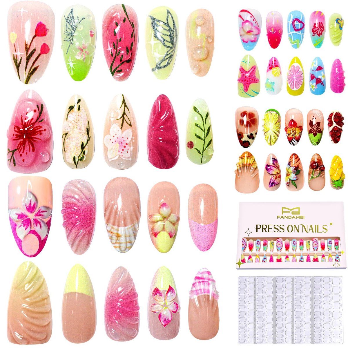 FANDAMEI Press on Nägel, 4 Stile, 120 Stück 3D Blumen-Pressnägel, Kurze Mandelform, Falsche Nägel mit Blumen- und Schmetterlingsdesign für Frühling und Sommer