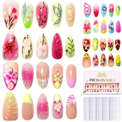 FANDAMEI Press on Nägel, 4 Stile, 120 Stück 3D Blumen-Pressnägel, Kurze Mandelform, Falsche Nägel mit Blumen- und Schmetterlingsdesign für Frühling und Sommer