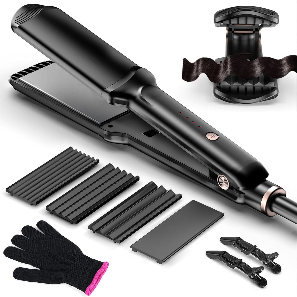 Professioneller Haar-Crimper-Waver mit 4 austauschbaren Keramikplatten – Automatische Temperaturregelung für alle Haartypen – Schnellaufheizender Glätter für Beach Waves