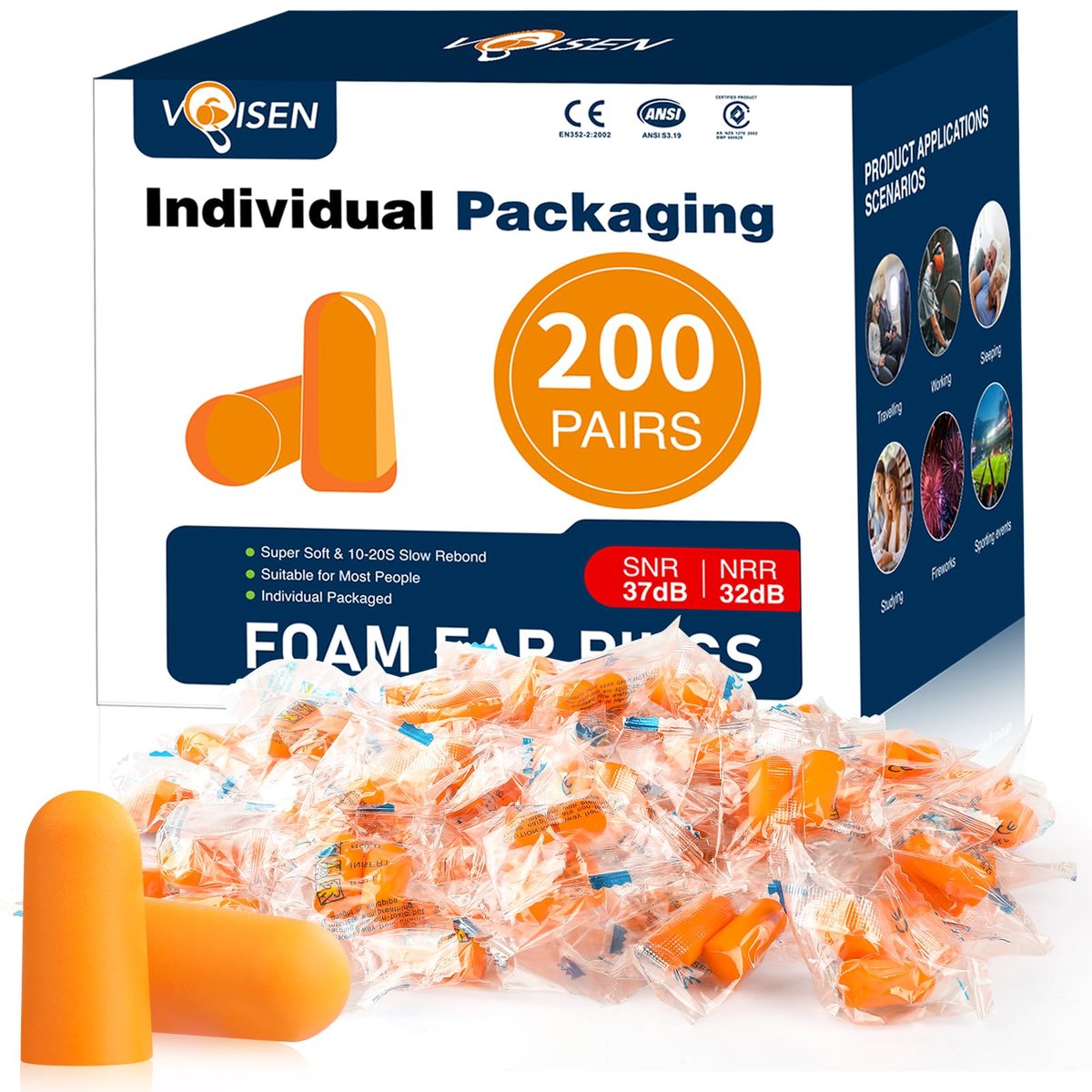 VOISEN Schaumstoff-Ohrstöpsel, 200 Paar Ohrstöpsel zum Schlafen, 32 dB NRR / 37 dB SNR Geräuschdämmung für Schnarchen, Lernen, Reisen und Konzerte, einzeln verpackt