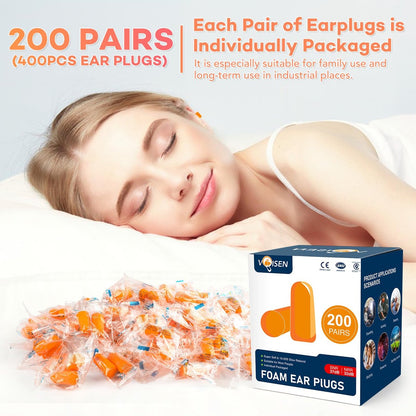 VOISEN Schaumstoff-Ohrstöpsel, 200 Paar Ohrstöpsel zum Schlafen, 32 dB NRR / 37 dB SNR Geräuschdämmung für Schnarchen, Lernen, Reisen und Konzerte, einzeln verpackt