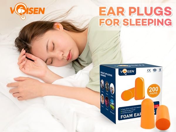 VOISEN Schaumstoff-Ohrstöpsel, 200 Paar Ohrstöpsel zum Schlafen, 32 dB NRR / 37 dB SNR Geräuschdämmung für Schnarchen, Lernen, Reisen und Konzerte, einzeln verpackt