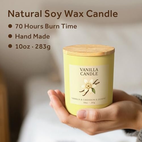 NORVENCE Vanillekerze, Vanille-Duftkerzen für Frauen, 10oz Sojakerzen mit Bambusdeckel für zu Hause, Geburtstagsgeschenke für Frauen und Männer, handgegossene Kerze zur Entspannung, Wohndekoration