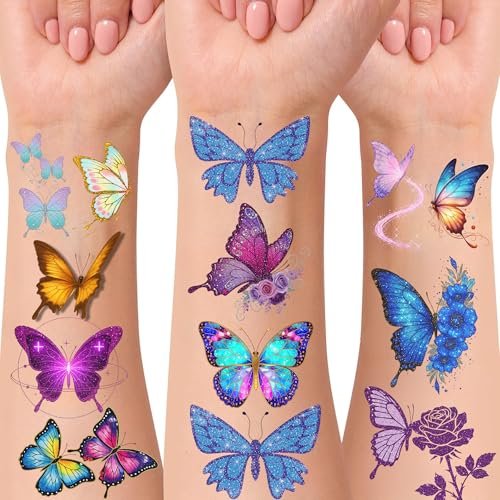 Glitzer Schmetterling Temporäre Tattoos | 60 Stück 4 Bögen vorgestanzt – Partygeschenke für Kinder, Jungen, Mädchen, Teenager, Erwachsene – Schmetterlingsgeburtstagsparty-Dekoration