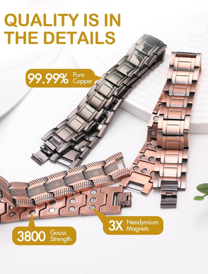 Feraco Kupferarmband für Männer – 3-fach magnetische Therapie mit starken 3800 Gauss Magneten, Reifenmuster
