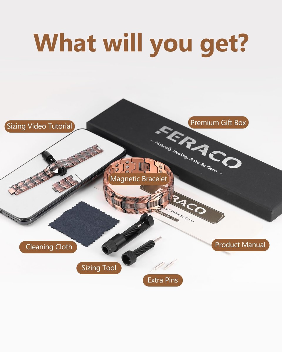 Feraco Kupferarmband für Männer – 3-fach magnetische Therapie mit starken 3800 Gauss Magneten, Reifenmuster