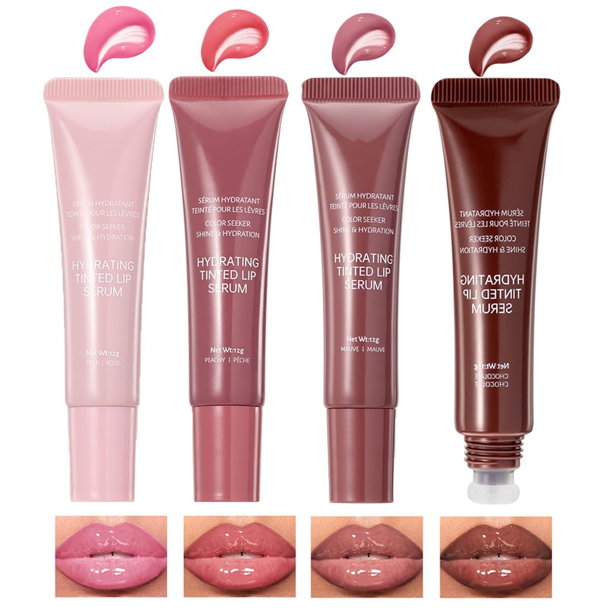 Pakivs 4er-Set Jelly Tinted Lip Serum Gloss – Feuchtigkeitsspendender Lippenplumping-Effekt mit Polypeptiden, nicht klebrig, glänzend
