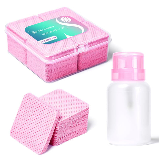 400-teiliges fusselfreies Nageltücher-Set – Rosa Gel-Nagellackentferner-Tücher mit 1 Nagellackentferner-Pumpe SHEERBLISS Wimpernverlängerungs-Kleber-Reinigungstücher mit leerem, abschließbarem Aceton-Pumpenspender 220 ml