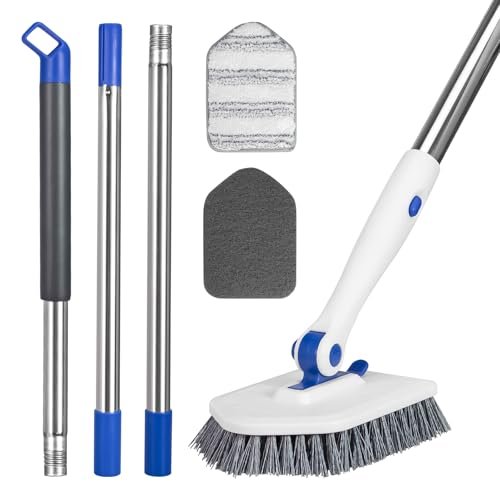 Keleekelin Fliesen-Schrubbbürste mit 52 Zoll verstellbarem langem Stiel, 3-in-1 drehbare Duschbürste für Bad, Fliesen, Küche, Wände, Blau