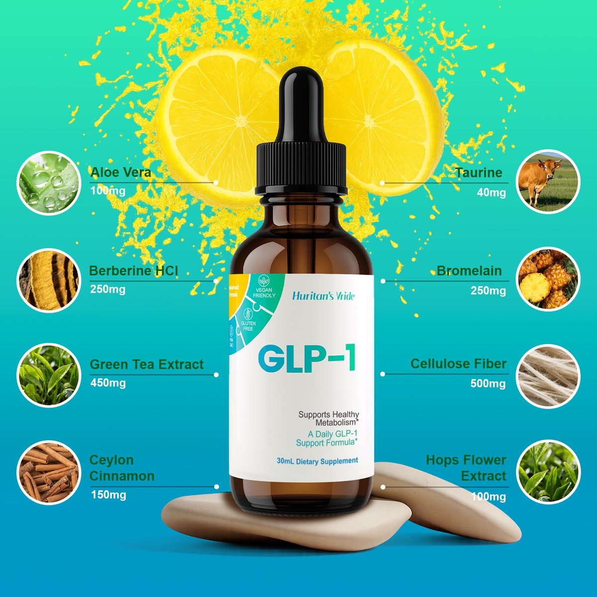 Huritan's Vride GLP-1 Drops für Frauen & Männer – Premium GLP-1 Supplement mit Berberin, Zimt, Grüntee-Extrakt & Bromelain für tägliches Wohlbefinden und GLP-1 Gewichtsverlust Unterstützung – 2er-Pack