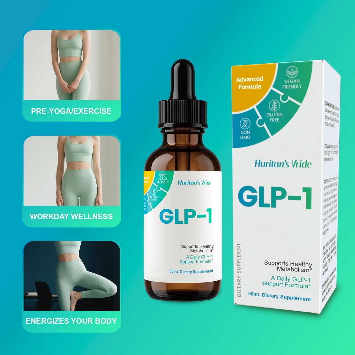 Huritan's Vride GLP-1 Drops für Frauen & Männer – Premium GLP-1 Supplement mit Berberin, Zimt, Grüntee-Extrakt & Bromelain für tägliches Wohlbefinden und GLP-1 Gewichtsverlust Unterstützung – 2er-Pack