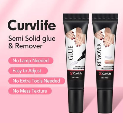 Curvlife 2er-Pack 10g Semi-Solid Klebegel und 20ml Präzisions-Kleberentferner Set für Press-on-Nägel, Valentinstagsgeschenk, schnell trocknend, ohne UV-Lampe, mit sanftem, acetonfreiem Entferner, falsche Nagelspitzen