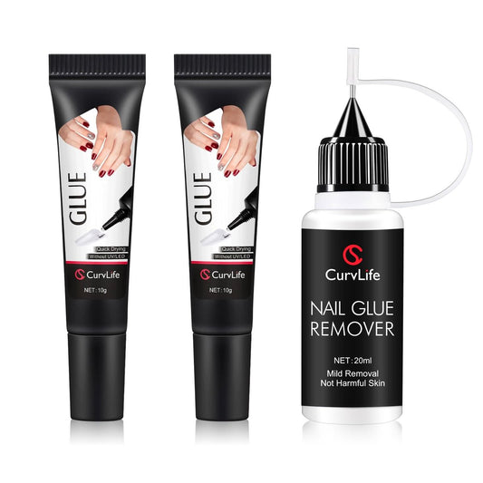 Curvlife 2er-Pack 10g Semi-Solid Klebegel und 20ml Präzisions-Kleberentferner Set für Press-on-Nägel, Valentinstagsgeschenk, schnell trocknend, ohne UV-Lampe, mit sanftem, acetonfreiem Entferner, falsche Nagelspitzen