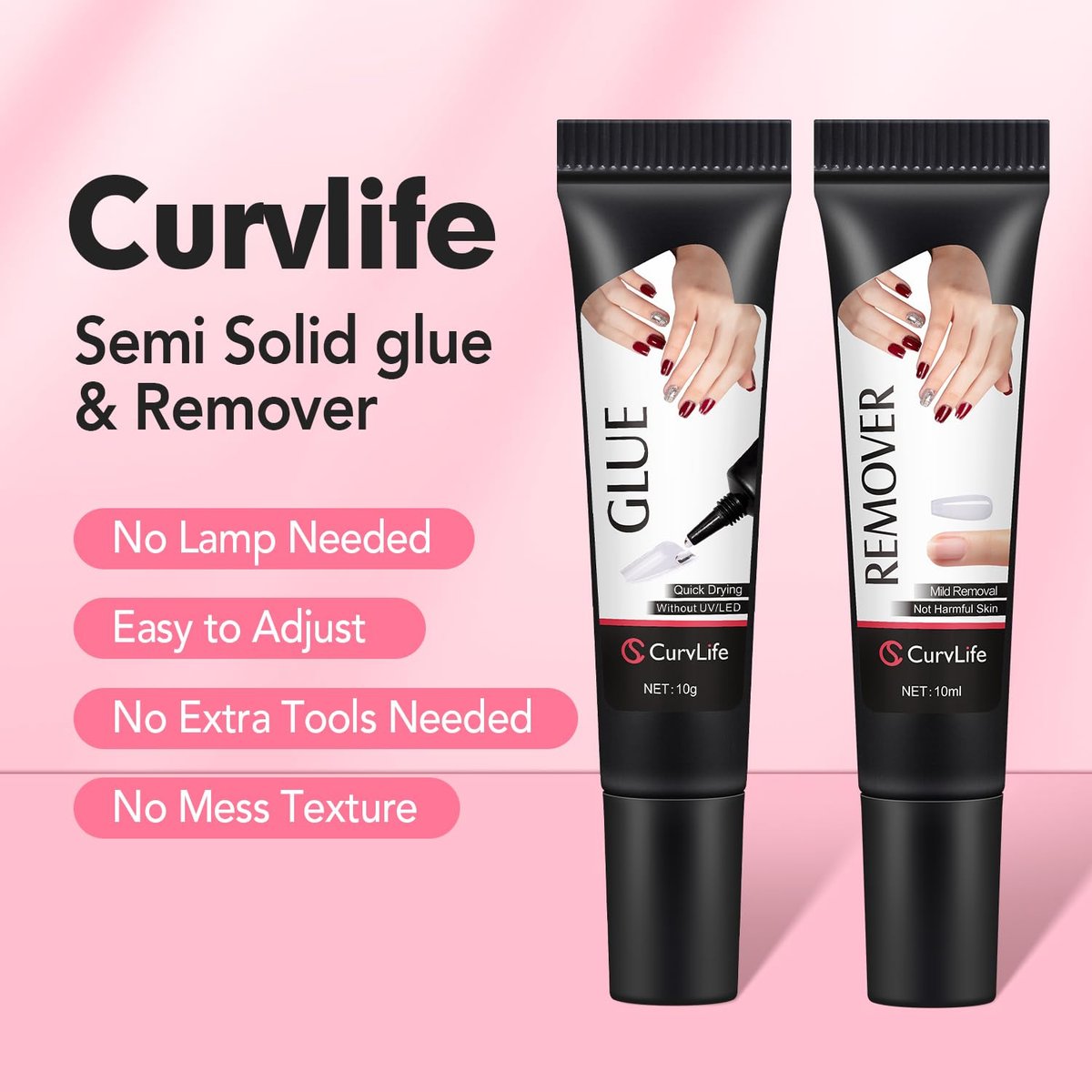 Curvlife 2er-Pack 10g Semi-Solid Klebegel und 20ml Präzisions-Kleberentferner Set für Press-on-Nägel, Valentinstagsgeschenk, schnell trocknend, ohne UV-Lampe, mit sanftem, acetonfreiem Entferner, falsche Nagelspitzen
