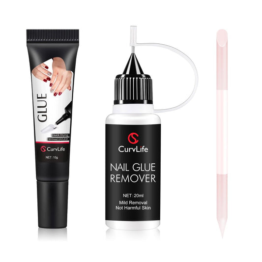 Curvlife 10g Semi-Solid Nagelkleber-Gel und 20ml Pinpoint-Nagelkleber-Entferner Set für Press-On-Nägel, mit Nagelhautschieber und tschechischer Glasfeile für makelloses Auftragen und Entfernen
