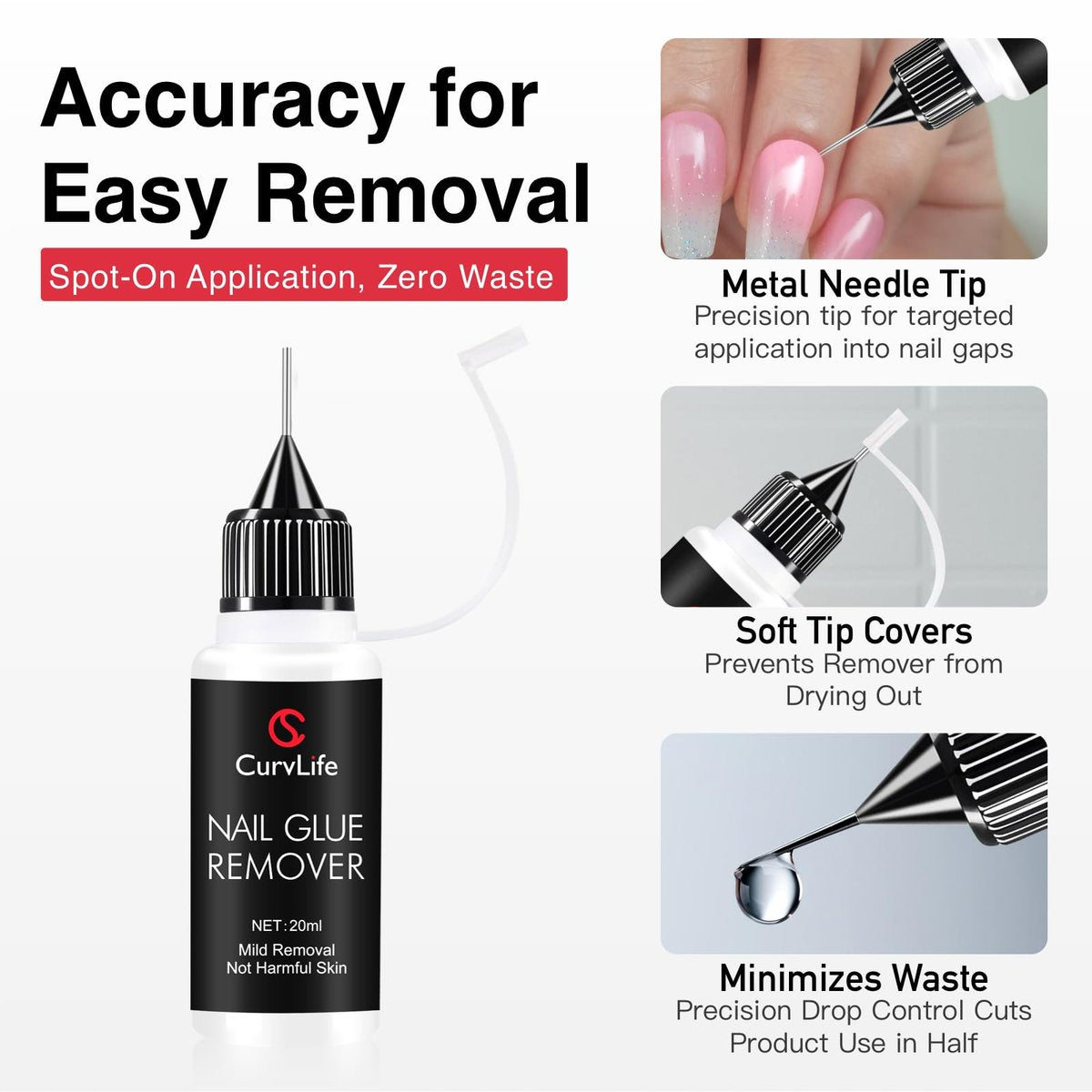 Curvlife 10g Semi-Solid Nagelkleber-Gel und 20ml Pinpoint-Nagelkleber-Entferner Set für Press-On-Nägel, mit Nagelhautschieber und tschechischer Glasfeile für makelloses Auftragen und Entfernen