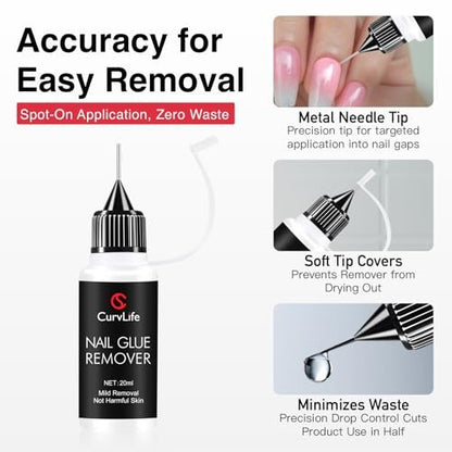Curvlife 10g Semi-Solid Nagelkleber-Gel und 20ml Pinpoint-Nagelkleber-Entferner Set für Press-On-Nägel, mit Nagelhautschieber und tschechischer Glasfeile für makelloses Auftragen und Entfernen